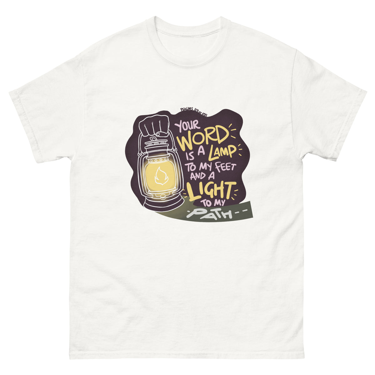 Thy Word Is a Lamp unto My Feet T-Shirt in White, front view – Psalm 119:105