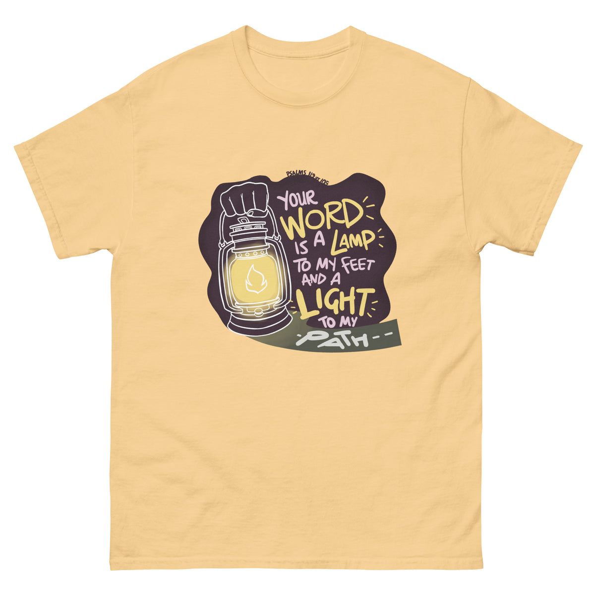 Thy Word Is a Lamp unto My Feet T-Shirt in Yellow Haze, front view – Psalm 119:105