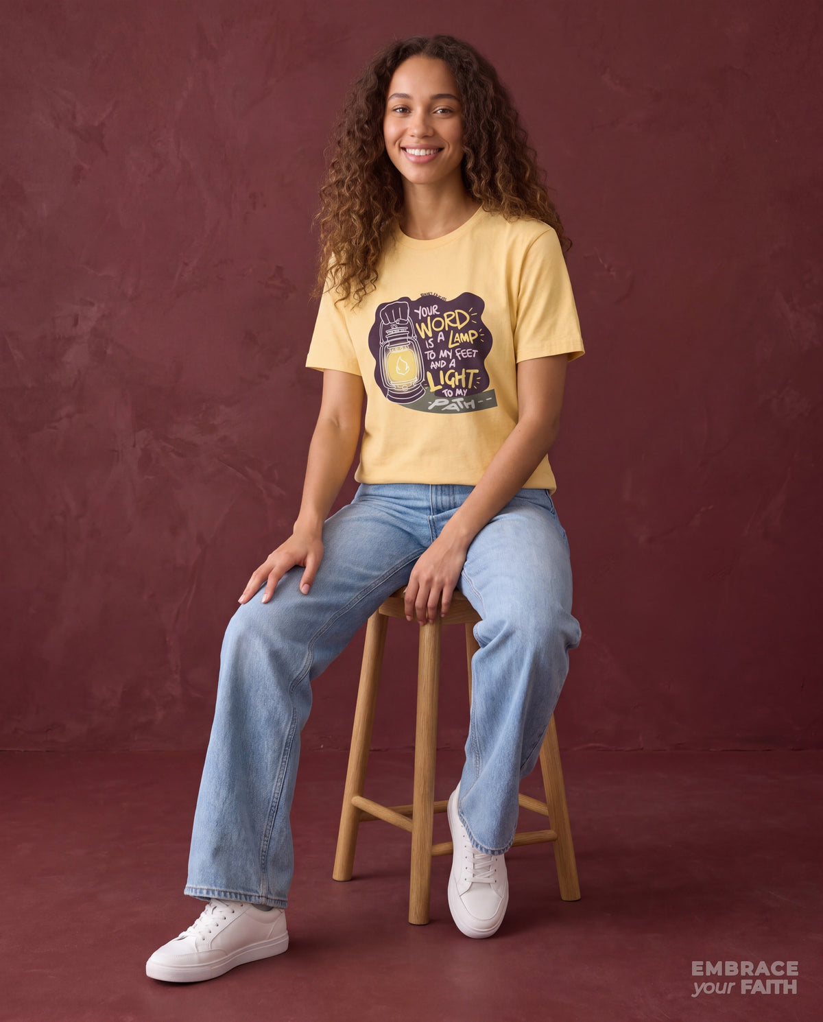 EYF model wearing the Thy Word Is a Lamp Unto My Feet Unisex Classic Tee in Yellow Haze
