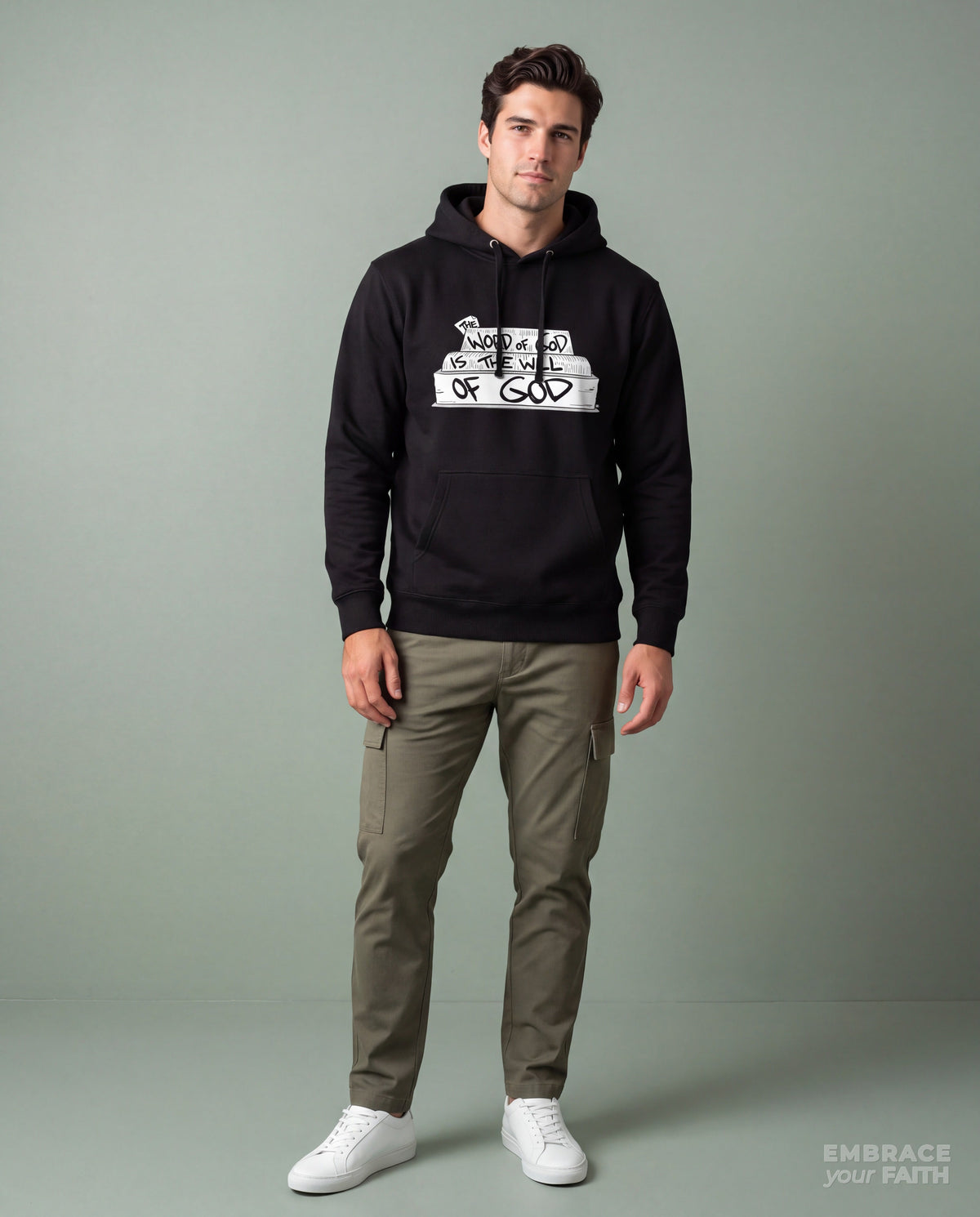 EYF model wearing the Word and Will of God Classic Unisex Hoodie in Black