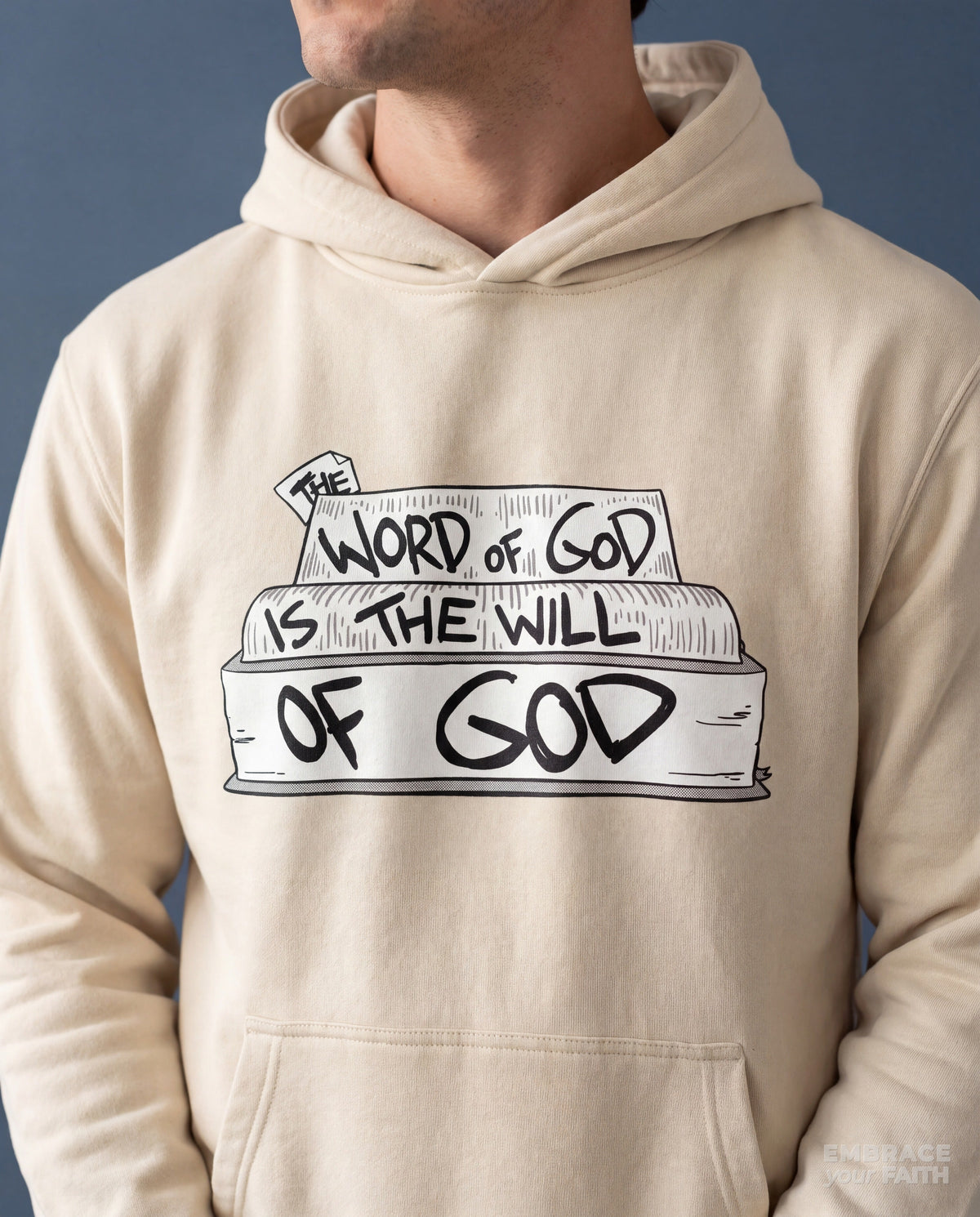 Close-up of the print on the Word and Will of God Classic Unisex Hoodie in Bone