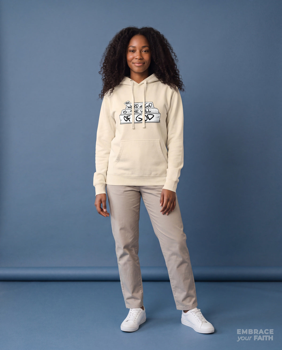 EYF model wearing the Word and Will of God Classic Unisex Hoodie in Bone