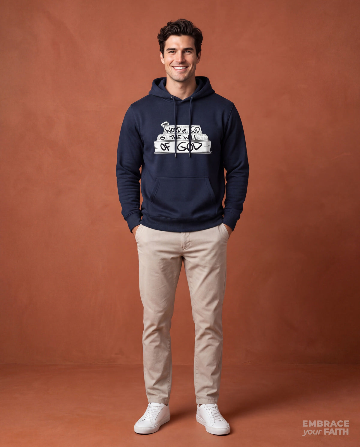 EYF model wearing the Word and Will of God Classic Unisex Hoodie in Navy Blazer